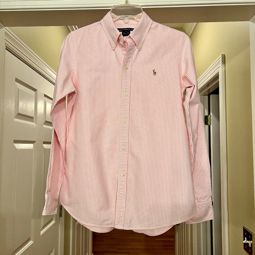 EUC Women's Ralph Lauren Sport Pink White Stripe Slim Fit Button Down Shirt 10